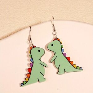 Cartoon Dinosaur Earrings Green Rainbow Spikes Cute Drop Dangle Jewelry Playful